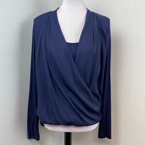 White House Black Market Navy Double Layer Surplice Long Sleeve Blouse Large